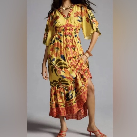 FARM Rio Dresses & Skirts - Farm Rio x Anthropologie Printed V-Neck Ruffle-Hem Dress